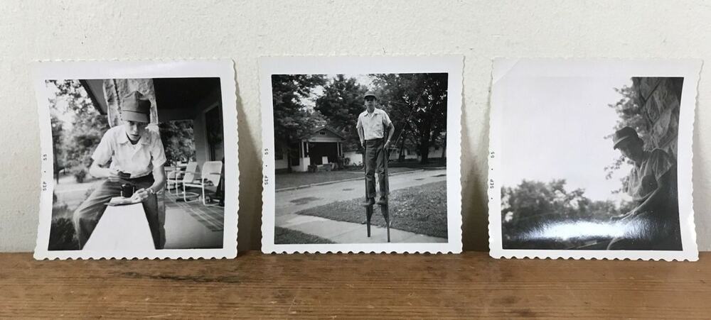 Lot 3 Vtg Black White Sept 1955 Boy On Stilts Post War Americana Snapshots Photo
